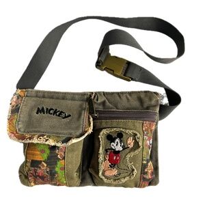 Disney Waist Bag Cotton  Canvas Green Patchwork Mickey Back Zipper Travel RUZ